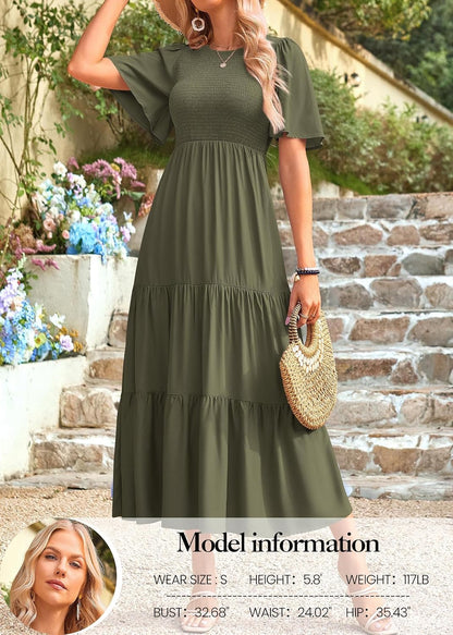 KIRUNDO Summer Dresses for Women 2026 Spring Casual Flutter Short Sleeve Wedding Guest Smocked Flowy Tiered Aline Midi Dress