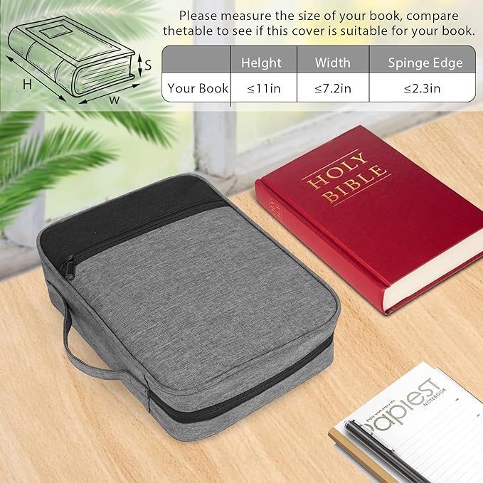 Bible Cover with Durable Handle, Carrying Book Case Church Bag Bible, Protective with Zippered Pocket, Bible Study Accessories Supplies, Book Protector for Book Lovers, GreyBlack