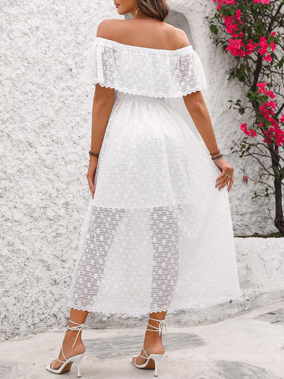 Kirundo Womens Lace Floral Off The Shoulder Ruffle Wedding Guest Maxi Dresses for Party Cocktail