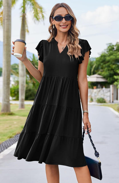 Hount Women's Summer Casual Dress 2026 V Neck Ruffle Sleeve Midi Sundress Flowy Tiered Hawaiian Beach Dresses with Pockets