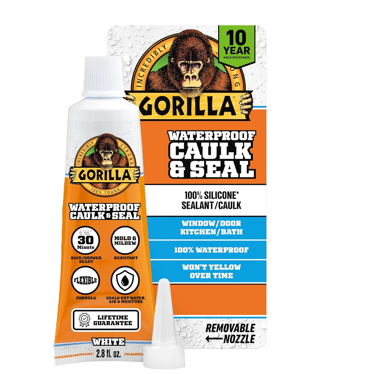 Gorilla 100% Silicone Caulk, Waterproof Sealant, 2.8oz Squeeze Tube (Pack of 1) – White -10 Year Mold Resistant Kitchen, Window, Bath, Marine, Door and More