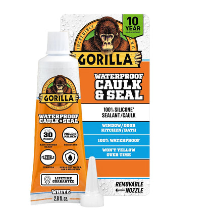 Gorilla 100% Silicone Caulk, Waterproof Sealant, 2.8oz Squeeze Tube (Pack of 1) – White -10 Year Mold Resistant Kitchen, Window, Bath, Marine, Door and More