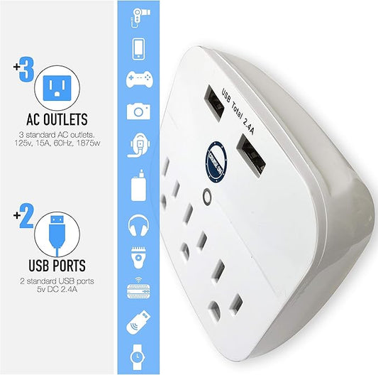 Cruise Approved Power Strip - Non Surge Protector for Cruise Ship with 2 USB Outlets - Cruise Ship Essentials 2024 for Carnival, Princess, Norwegian, Holland America, MSC  Major Cruise Lines (White)