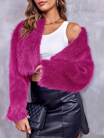Danedvi Women's Fashion Cropped Faux Fur Jacket Long Sleeve Open Front Cardigan Casual Fluffy Parka Shaggy Short Coat.