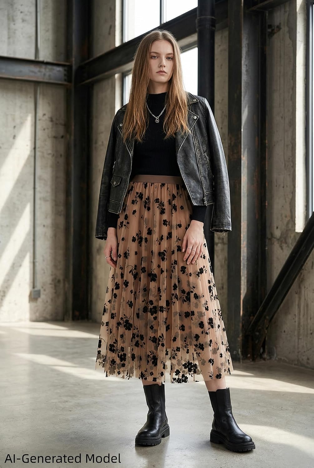 Women's Floral Print Mesh A-Line Midi Skirt 3D Posy Tulle Layered Skirt