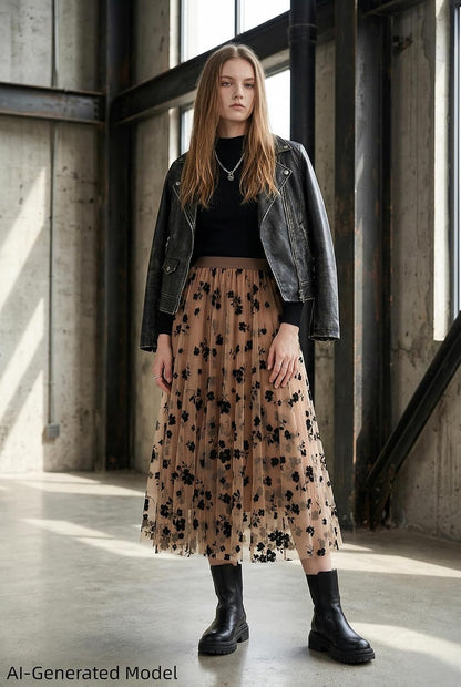 Women's Floral Print Mesh A-Line Midi Skirt 3D Posy Tulle Layered Skirt