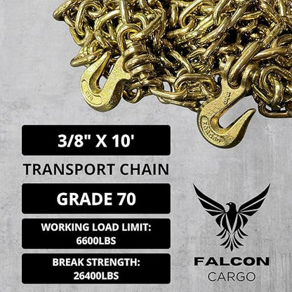 38" X 10' Grade 70 Transport Binder Chain - 6600LB WLL - Clevis Grab Hook, Tie-Down, Towing