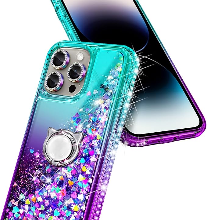 Designed for iPhone 15 Pro Max Case with Tempered Glass Screen Protector/Camera Lens Protector/Wrist Strap Lanyard/Ring Holder, Glitter Floating Liquid Girls Women Cute Case (Aqua/Purple)