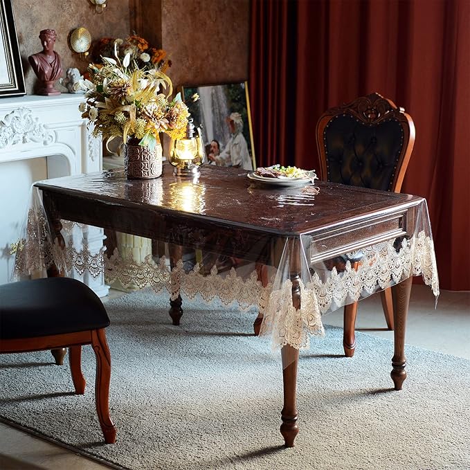 SUTAVIA Vinyl Tablecloth 100 Waterproof lace Table Cloth Environmentally PVC Oil Proof Table Protector Oblong Transparent Table Cover for Home Dining Table Parties(Gold, 60"x84")