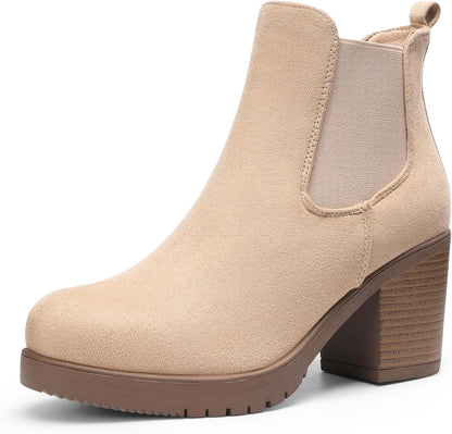 Women's High Chunky Heel Chelsea Ankle Boots Slip On Elastic Fall Heeled Booties Shoes