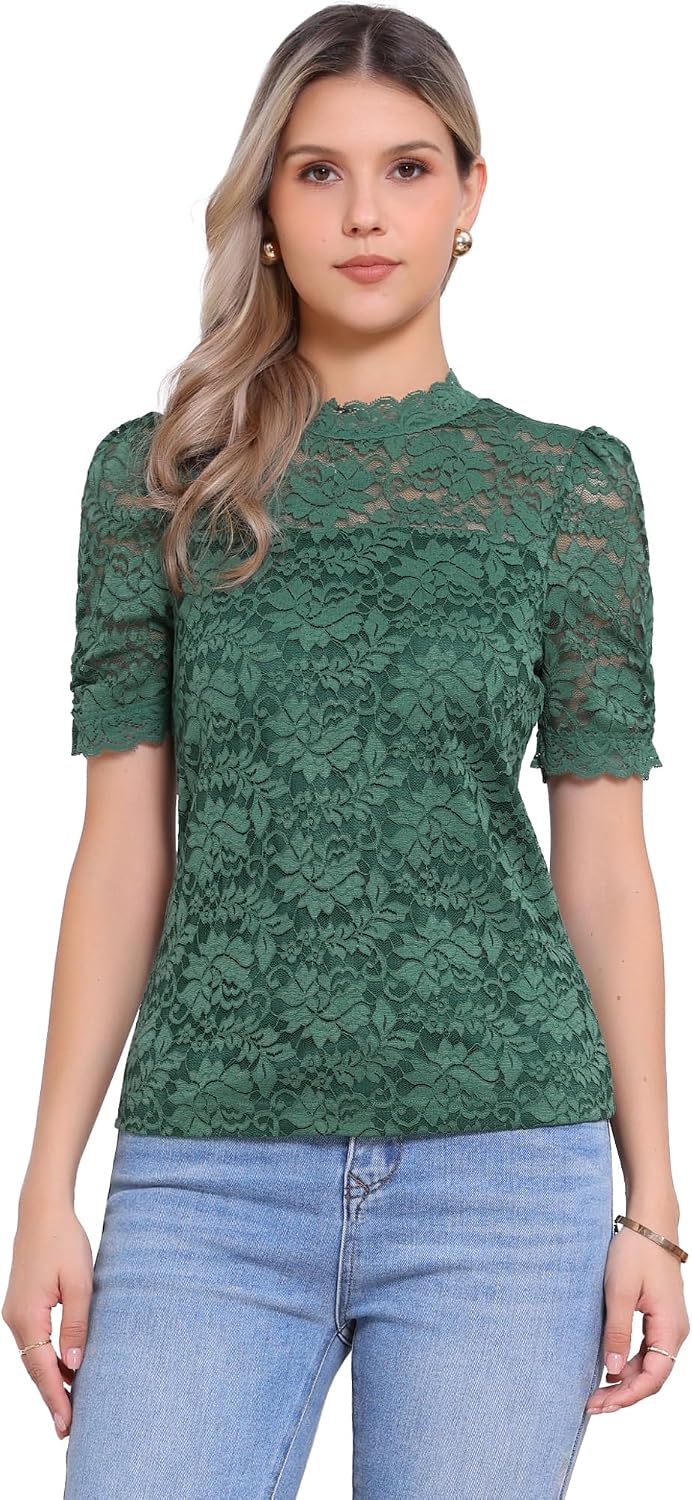 Allegra K Floral Lace Tops for Women's Mock Neck Puff Short Sleeve Dressy Casual Blouses Shirts