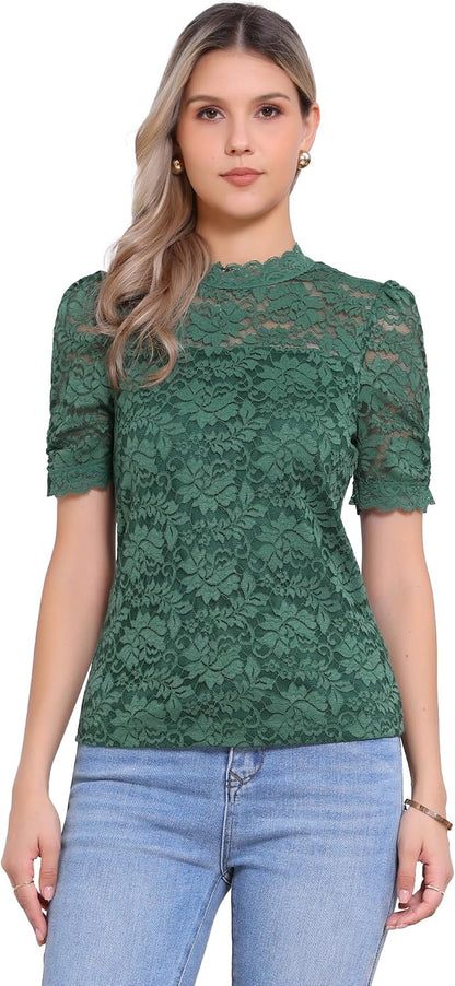 Allegra K Floral Lace Tops for Women's Mock Neck Puff Short Sleeve Dressy Casual Blouses Shirts