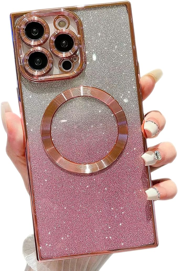 Misscase for iPhone 15 Pro Max Magnetic Case Compatible with MagSafe,Full Protection Glitter Case with Camera Lens Protector Anti-Scratch Dust-Proof Net Case Cover for iPhone 15 Pro Max Pink