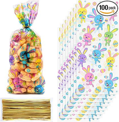 Chuangdi 100 Pack Easter Treat Bags Bunny Candy Cellophane Bag Easter Egg Goodie Cooikes Gift for Party Favor Supplies(Rabbit Style)