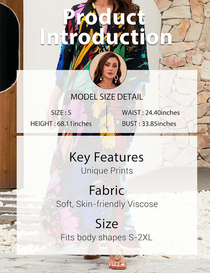 MAKABO Kaftan Dresses for Women V Neck Moo Moos Colorful Print Cover Ups | 100% Viscose Soft Skin Friendly, Breathable, Caftan Beach Dresses for Swimwear, Multi Pattern, Great Party Choice
