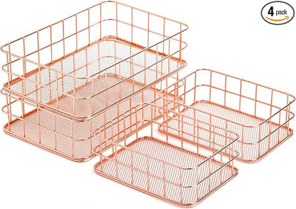 Hacaroa 4 Pack Rose Gold Wire Mesh Basket, Metal Desk Drawer Organizer Desktop Holder Tray for Cosmetic, Stationery, Magazines, Fruit Snacks, Home, School, Office, 2 Size