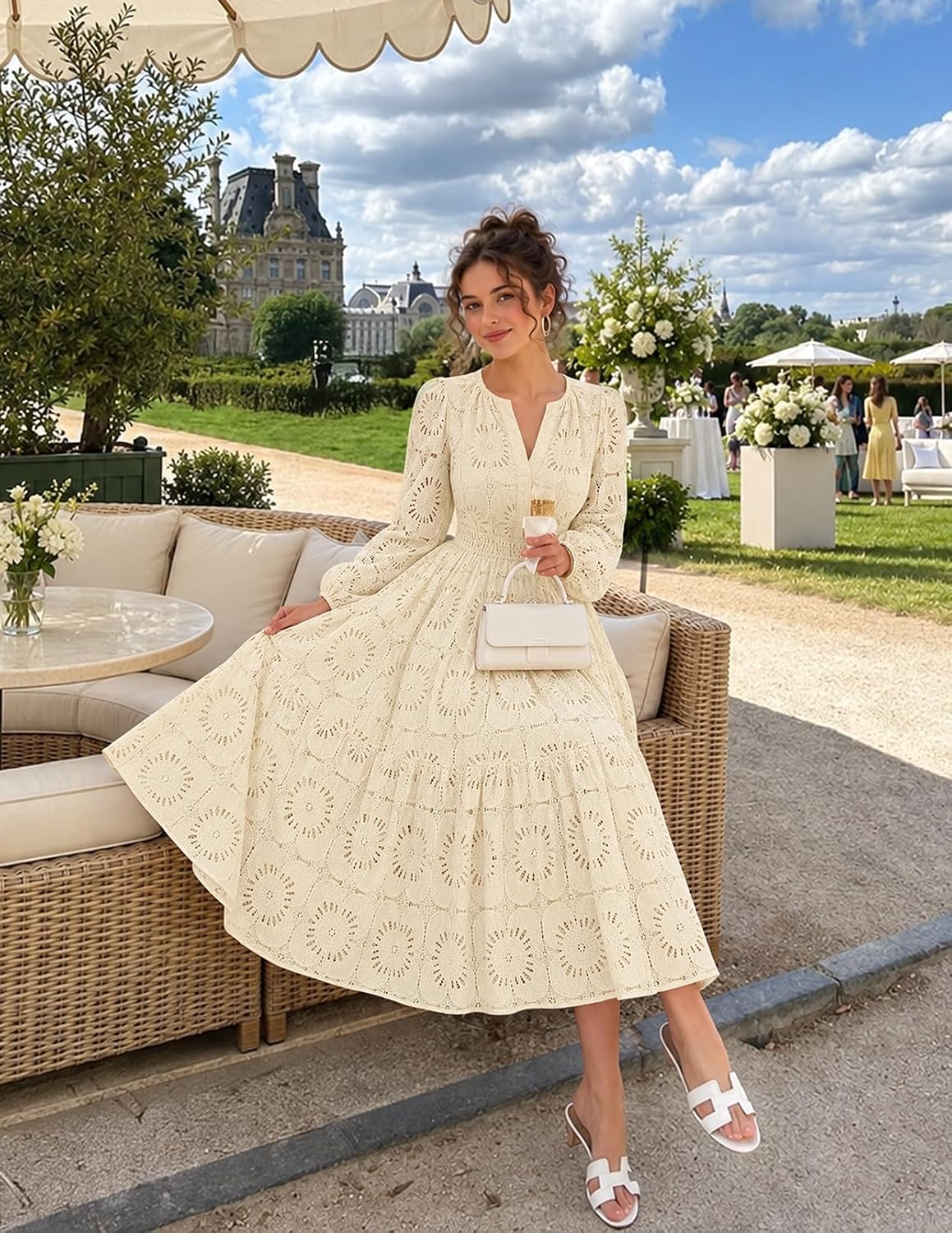 MEROKEETY Women's Fall Long Sleeve Floral Maxi Dress Lace Eyelet Hollow Out Tiered Boho Wedding Guest Dresses Pockets
