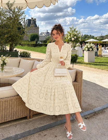 MEROKEETY Women's Fall Long Sleeve Floral Maxi Dress Lace Eyelet Hollow Out Tiered Boho Wedding Guest Dresses Pockets