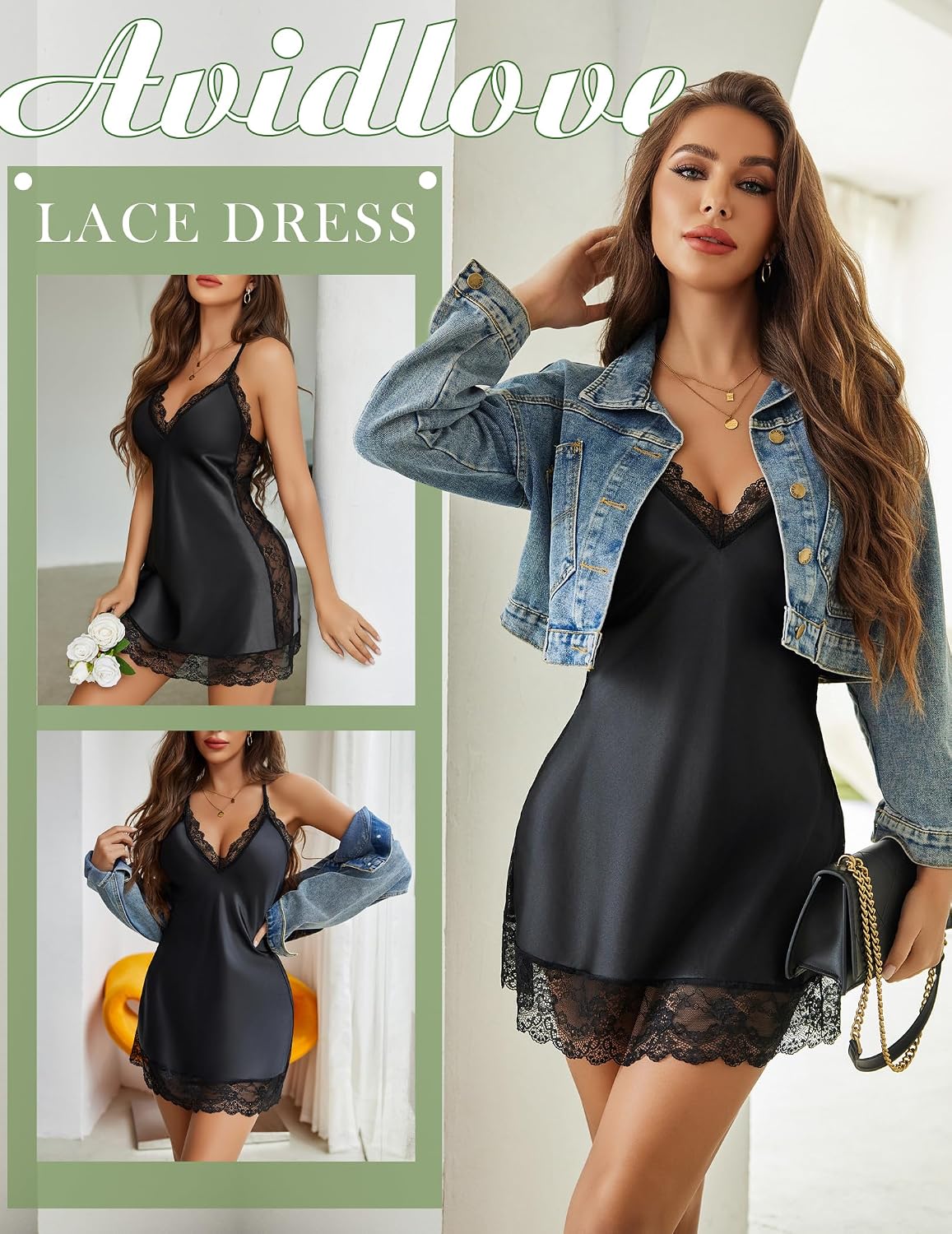 Avidlove Women Lingerie Satin Lace Chemise Nightgown V Neck Mini Babydoll Sexy Full Slips Sleepwear S-4XL