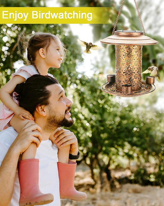 Solar Bird Feeders for Outdoors, Metal Hanging Bird Feeder with 3 Water Cups,Rust Resistant, Solar Garden Lantern for Outdoors Decor,The Perfect Choice for Gift(2.5LB)