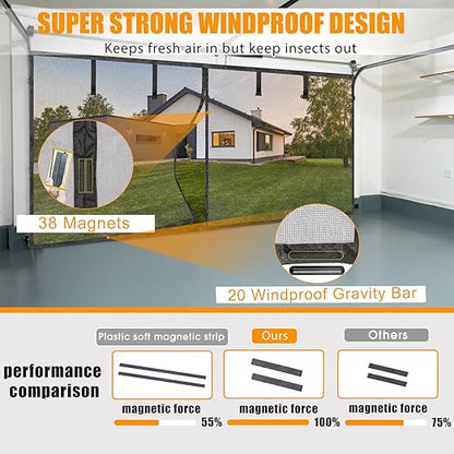 Garage Screen Doors for 2 Car Garage-16x7FT Fiberglass 2300g/5.1lb Durable Heavy Duty Magnetic Garage Door Screen Hands Free with 6 Roll Up Starps for Patio, Outdoor, Gym, Crafts Sun House Porch