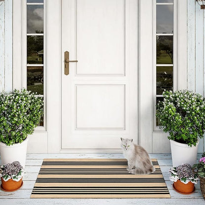 Striped Outdoor Front Door Mat 24"x51", Cotton Hand Woven Washable Black and Khaki Rug Runner, Reversible Foldable Indoor Layered Front Door Rugs for EntrywayFarmhouseHome Entrance