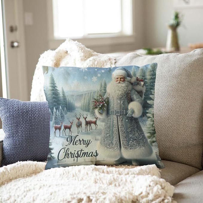 Throw Pillow Cover 20x20 Inch,Santa Blue and Silver with Forest with Deer Merry Christmas Throw Pillow Case,Home Decor Cushion Covers for Sofa Living Room Couch Bed