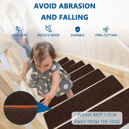 KOOTETA Stair Treads for Wooden Steps Indoor, 15 Pack 8" X 30" Non Slip Carpet Stair Treads with Reusable Adhesive for Kids Elders and Dogs, Surface Polyester TPR Backing Stair Rugs, Brown