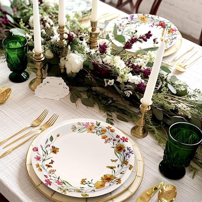 96 Pcs Spring Flower Paper Plates Disposable Floral Disco Plates for Spring Summer 70's Disco Party Birthday Decorations (Floral)
