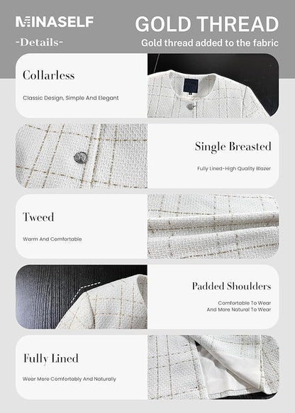 2025 Women's Spring Cropped Blazer Jacket Tweed Plaid Open Front Collarless Casual Business Office Suit Pockets