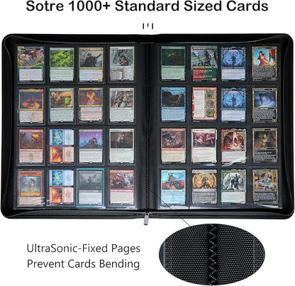 Rayvol Premium 1000 Pockets Card Binder, 16-Pocket Ringless Trading Card Album Folder - Side Loading UltraSonic-161024 Tech Zip Binder for TCG -Black