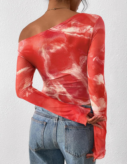 PRETTYGARDEN Womens Fall Trendy Off Shoulder Y2k Tops 2026 Tie Dye Mesh Long Sleeve Shirts Asymmetrical Ruched Floral Blouse