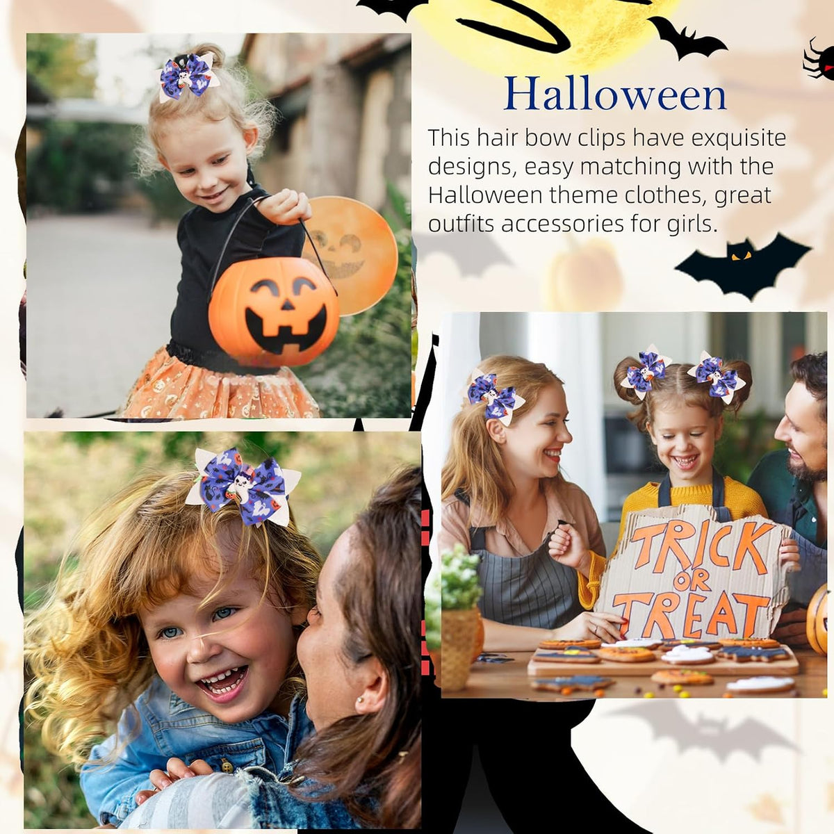 2PCS Hair Bows for Girls, Halloween Hair Clips, White Sequin Blue Bow Alligator Clip, Halloween Ghost Costume Dress Accessories Gift for Girls Teens Women