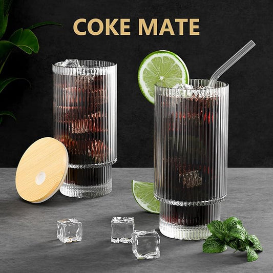 16 oz glass cup with lid and straw, vintage ribbed glassware for whiskey, cocktail, beer, iced coffee cups with lid, glass cup with straw and lid (pack of 1)