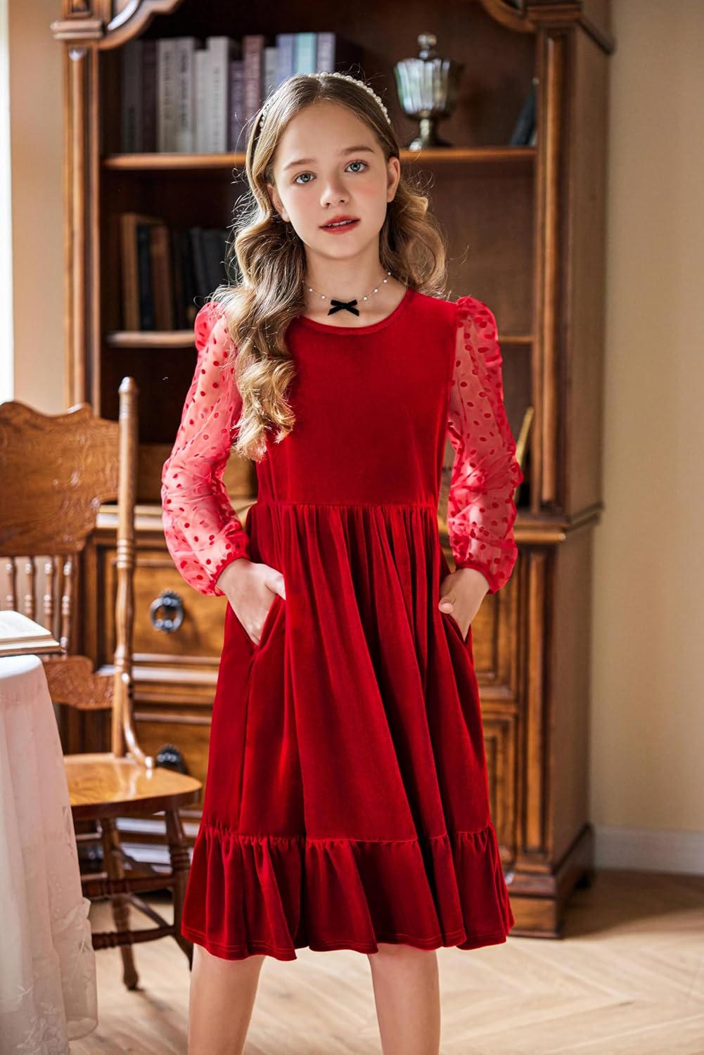 Arshiner Girls Dresses Contrast Mesh Velvet Long Sleeve A-Line Vintage Party Dress with Pockets