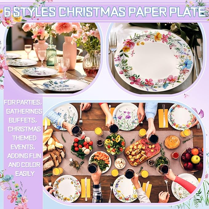 96 Pcs Spring Flower Paper Plates Disposable Floral Disco Plates for Spring Summer 70's Disco Party Birthday Decorations (Floral)
