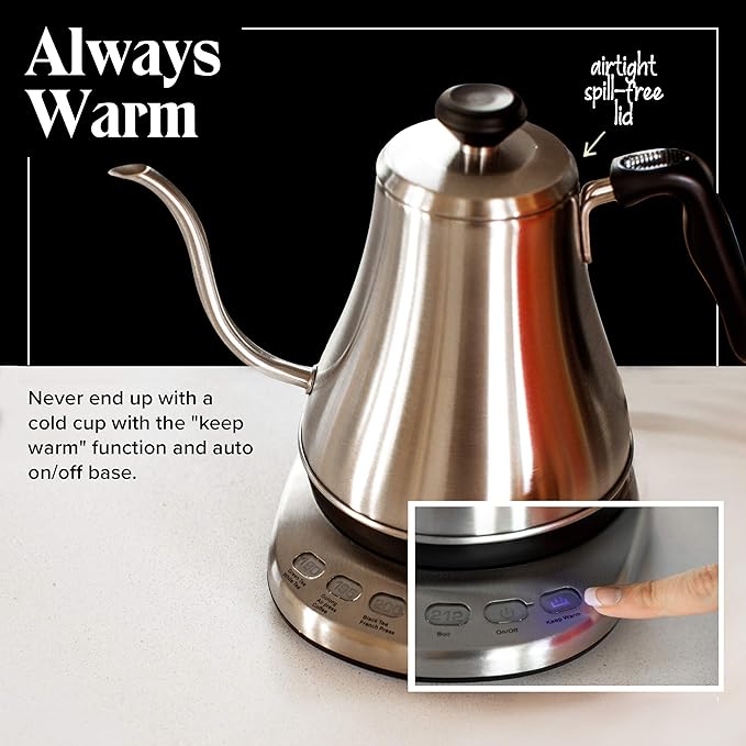 Gooseneck Electric Kettle with Temperature Control - 0.8L Stainless Steel & BPA Free Plastic - Custom Temp Presets for Teas & Coffee - Keep Warm Option
