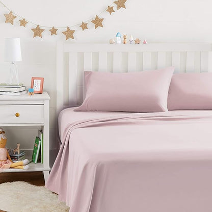 Basics Kid's Soft Easy-Wash Lightweight Microfiber 4-Piece Sheet Set, Full, Light Pink, Solid