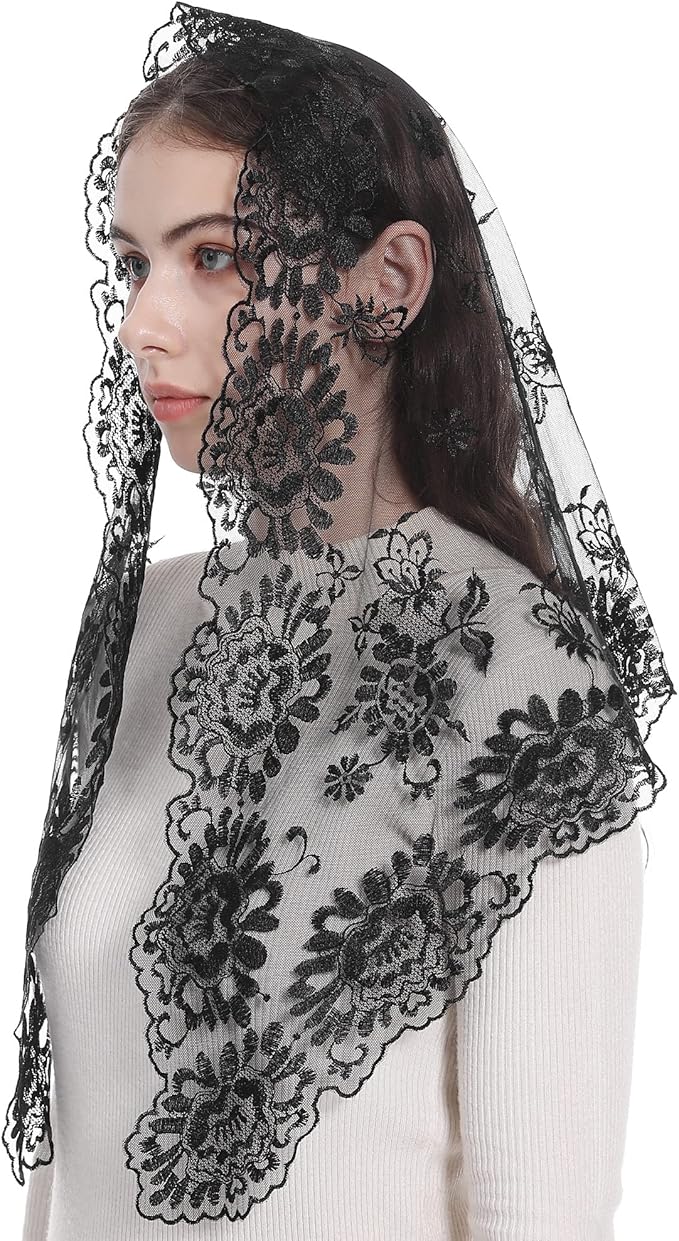 Bozidol Church Mantilla - Catholic Veil With Triangle Holy Virgin Embroidery - Traditional Mass Chapel Veil