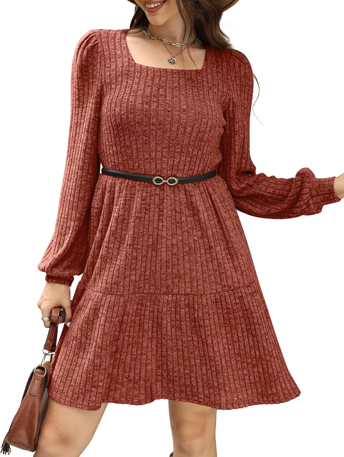 Sampeel Womens Square Neck Long Sleeve Fall Dresses Casual Babydoll Sweater Dress.