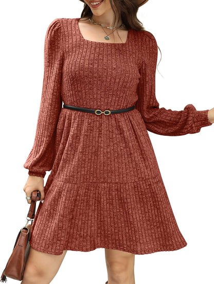 Sampeel Womens Square Neck Long Sleeve Fall Dresses Casual Babydoll Sweater Dress.
