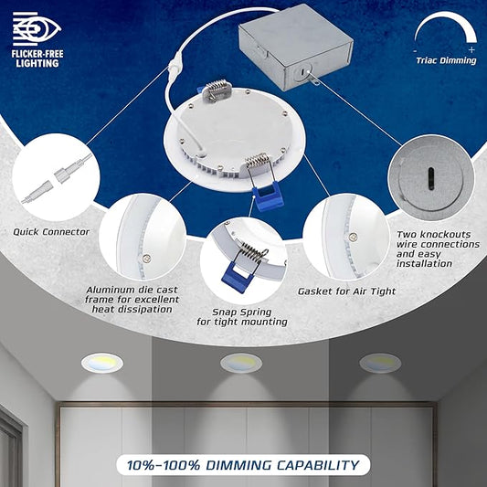 4 Inch Ultra-Thin LED Recessed Light with Junction Box (6 Pack) Dimmable Canless Wafer Downlight, 5CCT Selectable (2700K5000K) Adjustable Wattage, 1050LM High Brightness, ETLFCC Certified