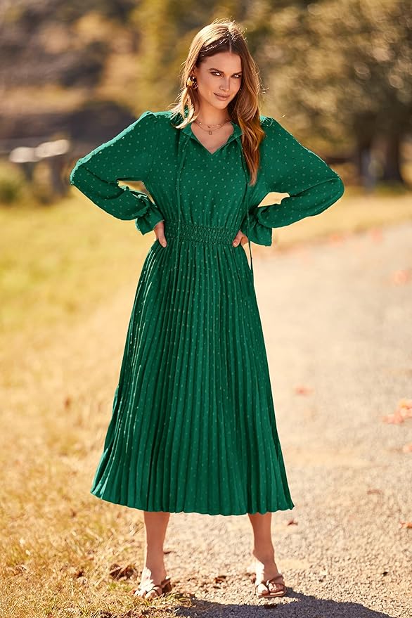 PRETTYGARDEN Women's 2025 Spring Fall Midi Dress Casual Long Sleeve V Neck Swiss Dot Pleated A Line Flowy Dresses