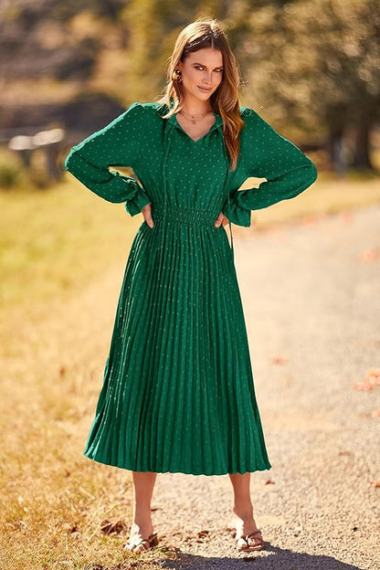 PRETTYGARDEN Women's 2025 Spring Fall Midi Dress Casual Long Sleeve V Neck Swiss Dot Pleated A Line Flowy Dresses
