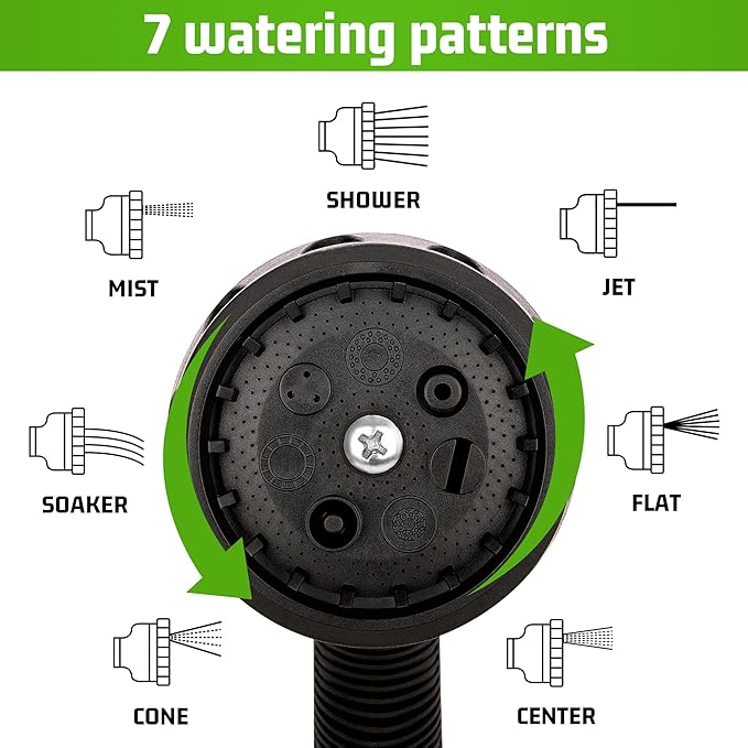 NEXCOVER Garden Hose Nozzle Sprayer - 7 Adjustable Watering Patterns Nozzle for Water Hose, Non-Slip Garden Spray Nozzle for Car Washing, Watering Plants, Pets Showering, Lawns Cleaning, Green