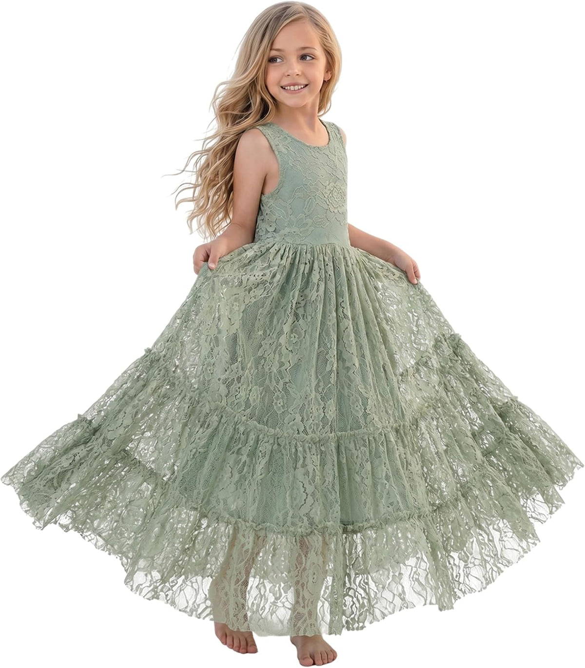 2Bunnies Flower Girl Dress Lace Boho Toddler Dresses Ruffle Girl Dress for Wedding Garden Party Holiday Communion Sleeveless.