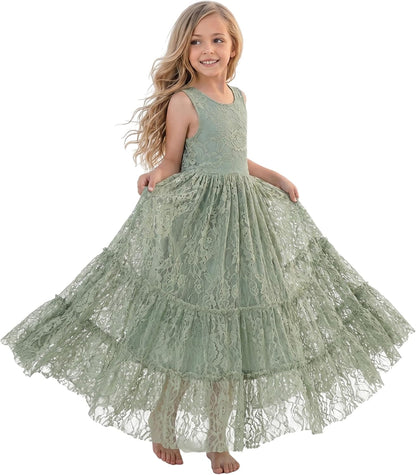 2Bunnies Flower Girl Dress Lace Boho Toddler Dresses Ruffle Girl Dress for Wedding Garden Party Holiday Communion Sleeveless.