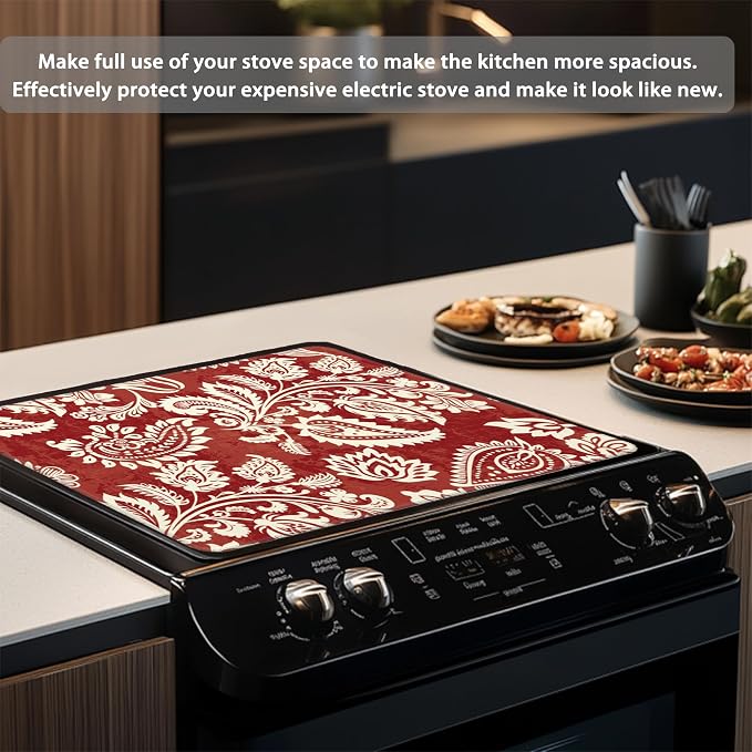 Decorative Electric Stove Cover - Red Indian Floral Design, Non-Slip Heat Resistant Protector for Smooth/Glass Top Stoves, Fits 28.5'' x 20.5'' (Not for Gas or Coil)