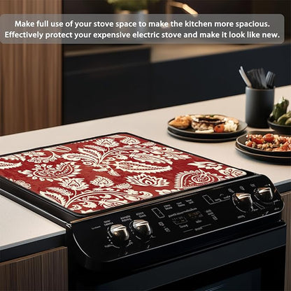 Decorative Electric Stove Cover - Red Indian Floral Design, Non-Slip Heat Resistant Protector for Smooth/Glass Top Stoves, Fits 28.5'' x 20.5'' (Not for Gas or Coil)