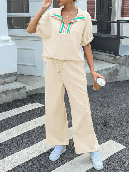 Womens 2 Piece Outfits Textured Color Block Half Zipper Puff Short Sleeve Tops Cropped Wide Leg Pant Lounge Sets